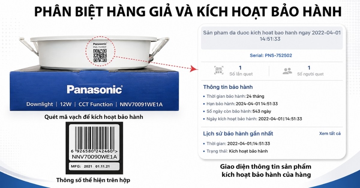 Đèn downlight Panasonic NNV70091WE1A trên hộp, quét mã vạch và QR để kiểm tra hàng thật và kích hoạt bảo hành